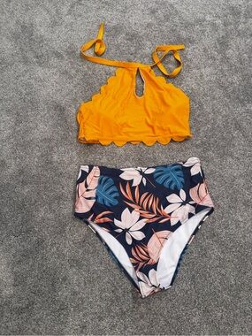 Yellow Scalloped Halter Bikini Top with Navy Tropical High-Waist Bottoms